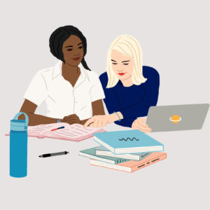 Illustration of two girls studying.